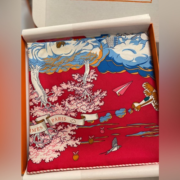 Hermes Sur Mon Nuage scarf 90 Rose Vif / Bleu / Multicolore - Picture 4 of 13
